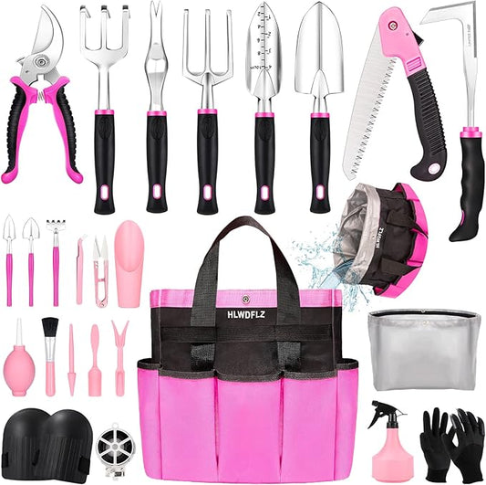 Pink Garden Tool Set Gardening Items for Women - 24PCS Heavy Duty Garden Tools with Detachable Storage Bag, Succulent Tool Set, Weeder