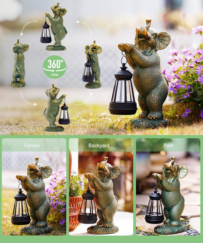 Solar Elephant Garden Statues for Outdoor: Outside Sculpture Lantern Decor for Yard Lawn Porch Patio Balcony Decorations Gifts for Grandma Mom Women