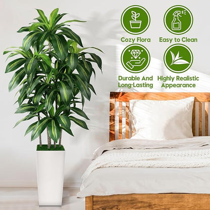 Artificial Dracaena Tree Indoor, 6FT Tall Fake Tree with White Tall Planter, Artificial Trees Fake Yucca Potted Tree for Home Office Living Room Decor，Tall Artificial Plant for Housewarming