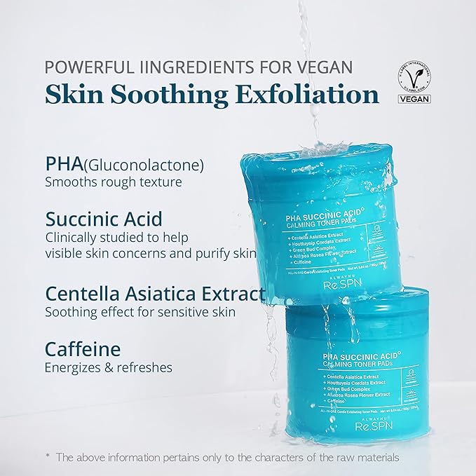 Re.SPN PHA Succinic Acid Calming Toner Pads – Daily Exfoliating, Hydrating and Soothing with CICA, Caffeine, Non-comedogenic, Vegan, Glass Skin, K-Beauty (70 Count)