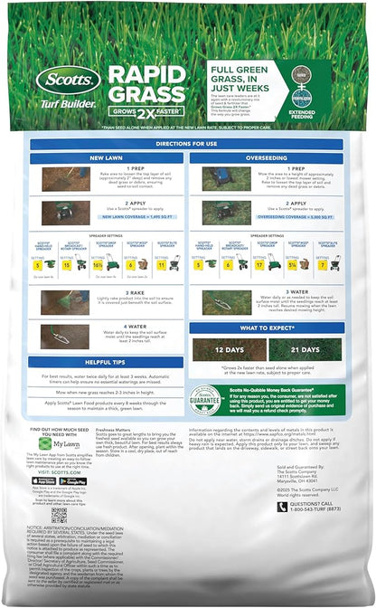 Scotts Turf Builder Rapid Grass Sun and Shade Mix, Grass Seed with Fertilizer for Full, Green Grass in Just Weeks, 10 lbs.