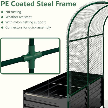 Raised Garden Bed with Arch Trellis for Climbing Plants,Galvanized Raised Garden Bed,Planter Boxes Outdoor for Vegetables Flowers Herb,269 Gallon Capacity Black