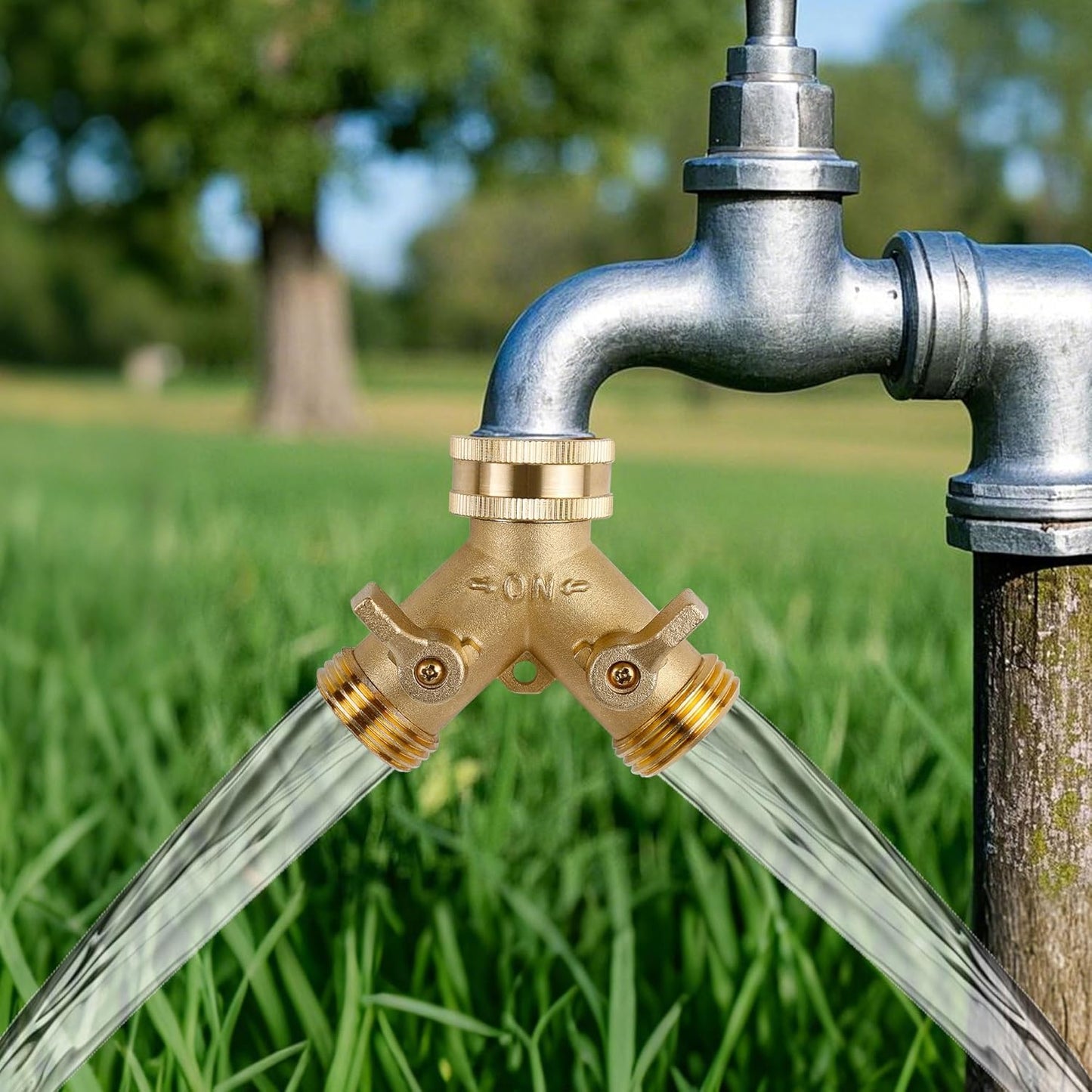 Triumpeek 2-Pack Brass Garden Hose Splitter, 3/4 Inch 2-Way Y Shaped Water Faucet Adapter with Dual Shut-Off Valves, Leak-Proof Design, Includes 4 O-Ring Washers & 1 Tape