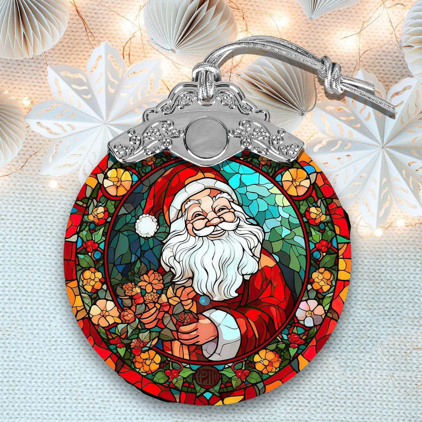 Santa Claus Colorful Christmas Ornament, Stained Glass Xmas Hanging Decor, Retro Style Funny Santa Ornaments Gift