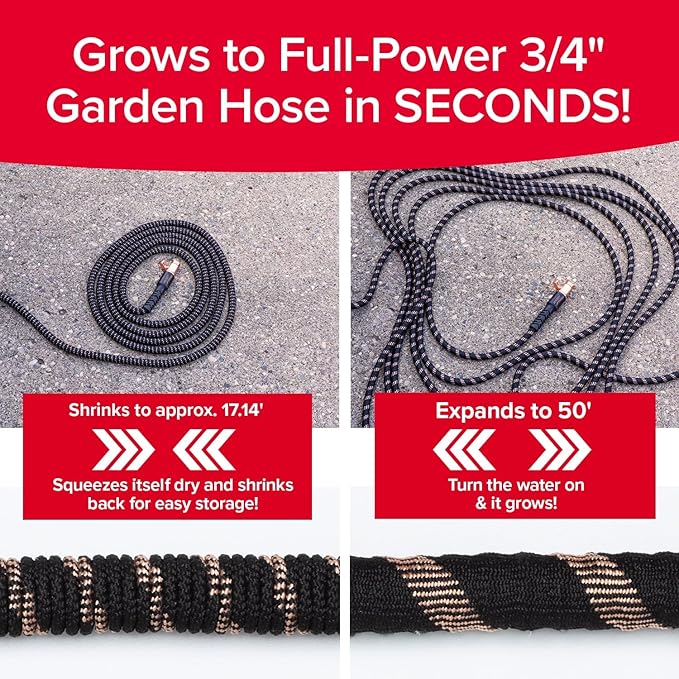 Pocket Hose Copper Bullet Expandable Garden Hose 50 FT w/10 Pattern Thumb Spray Nozzle AS SEEN ON TV 650psi 3/4 in Patented Lead-Free Ultra-Lightweight Solid Copper Anodized Aluminum Fittings No-Kink