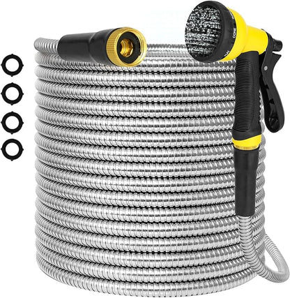 50ft Water Hose, Heavy Duty Stainless Steel Garden Hose with 10 Function Nozzle, Lightweight Metal Hose, No Kink, Leak-proof, Puncture Resistant for Yard, Outdoor, RV