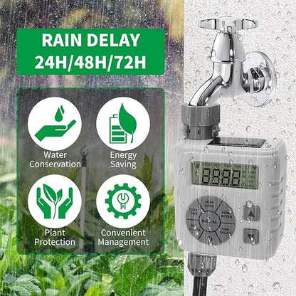 Sprinkler Timer, Programmable Irrigation Water Timer for Garden Hose, Solar/Battery Dual Power & Professional Leak-Proof Design, Rain Delay/Auto/Manual Watering System, Gray