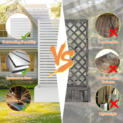 Metal Planter Box with Trellis, Raised Garder Bed with Drainage Hole, Privacy Screen & Trellis for Climbing Plants, Outdoor Plant Stands, 47''L×16''W×71''H, White