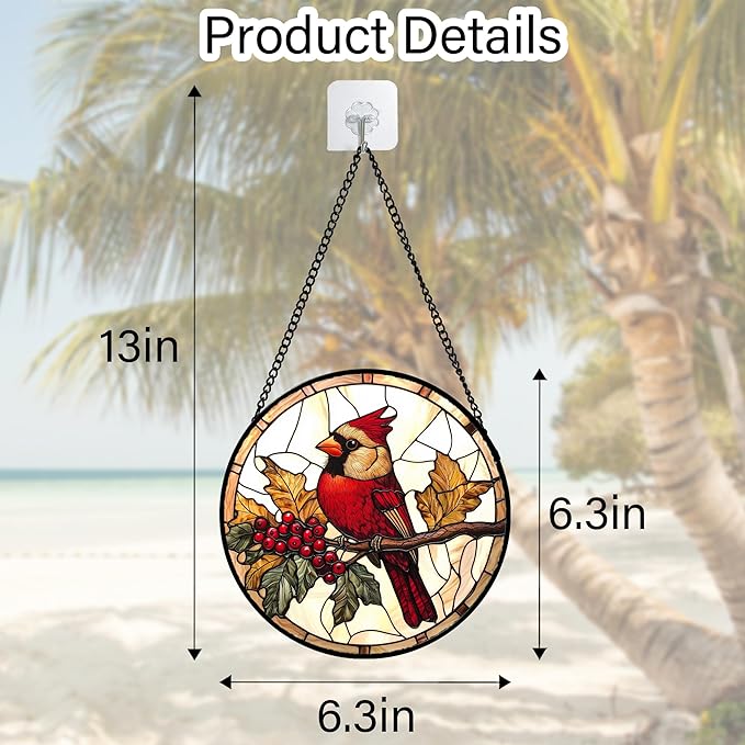 Stained Glass Window Hanging, Birds on a Branch Cardinal Sun Catchers Diamond Glass Panel Hangings Suncatcher Decor for Birthday for Women, Men, Wife, Aunt, and Mom 6.3 in