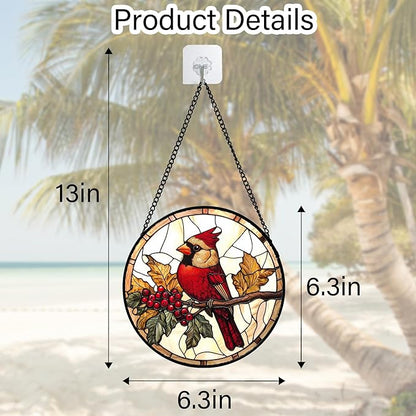 Stained Glass Window Hanging, Birds on a Branch Cardinal Sun Catchers Diamond Glass Panel Hangings Suncatcher Decor for Birthday for Women, Men, Wife, Aunt, and Mom 6.3 in