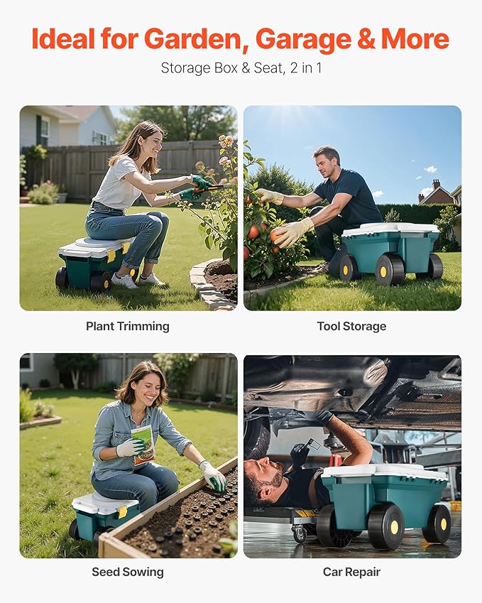 VEVOR Garden Scooter with Seat, 2 in 1 Rolling Garden Cart with Storage Bin, Supports up to 227 lbs, Outdoor Wagon with Handle, Lightweight Storage Gardening Stool for Yard Weeding Planting