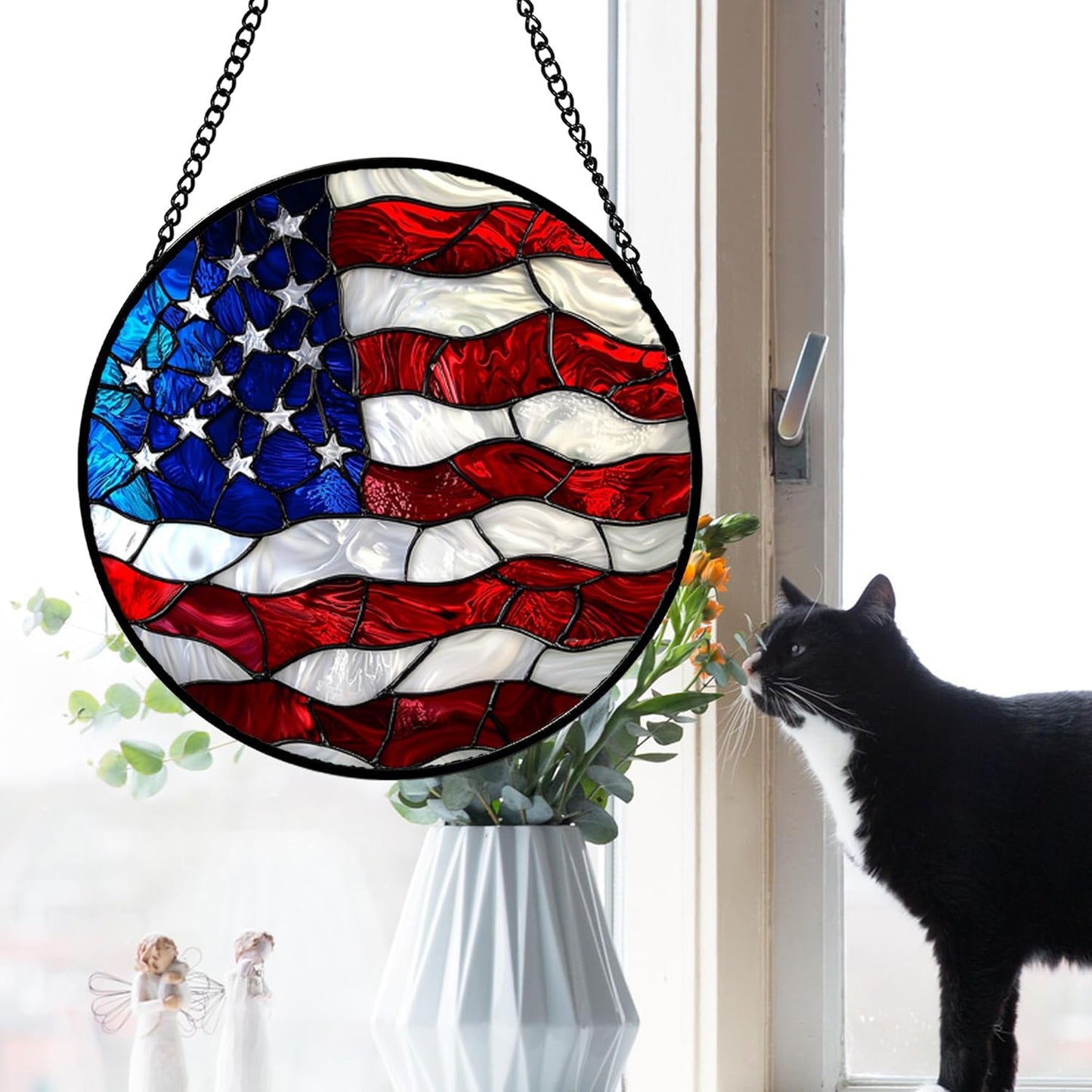 Stained Glass Window Hanging, Blue, White Red National Flag Pattern Sun Catchers Diamond Glass Panel Window Hangings Decor for Birthday Gifts for Women, Men, and Mom 14.9x14.9IN
