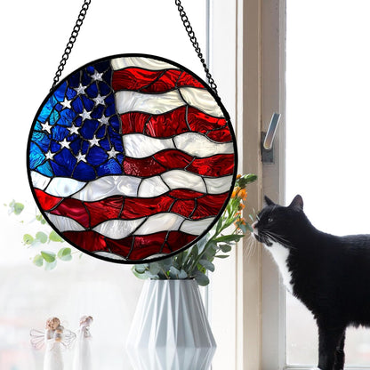 Stained Glass Window Hanging, Blue, White Red National Flag Pattern Sun Catchers Diamond Glass Panel Window Hangings Decor for Birthday Gifts for Women, Men, and Mom 14.9x14.9IN