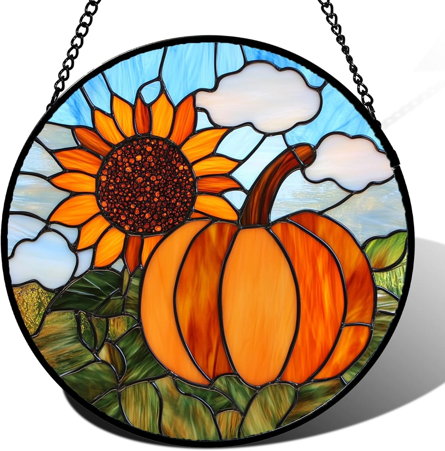 Stained Glass Window Hanging Fall Farm Scenery Sunflower Pumpkin Large 11.8" - Suncatcher Door Garden Kitchen Sunroom Sun Catcher Home Decor Birthday for Mom Grandma Men Woman