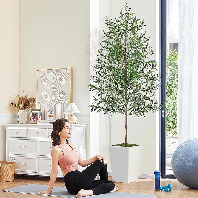 Olive Trees Artificial Indoor 8ft, 2 PCS Tall Faux Silk Plant with Pot, Realistic Leaves and Natural Wood Trunk Fake Trees with Lifelike Fruits for Home Office Decor Bedroom Livingroom Entryway