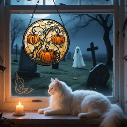 Stained Glass Window Hanging - Halloween Decoration Orange Pumpkin Vine Leaves Suncatcher for Door Garden Spooky Sun Catchers Gothic Decor Horror Gifts for Women Men Friend Boy Girl 9.8 in