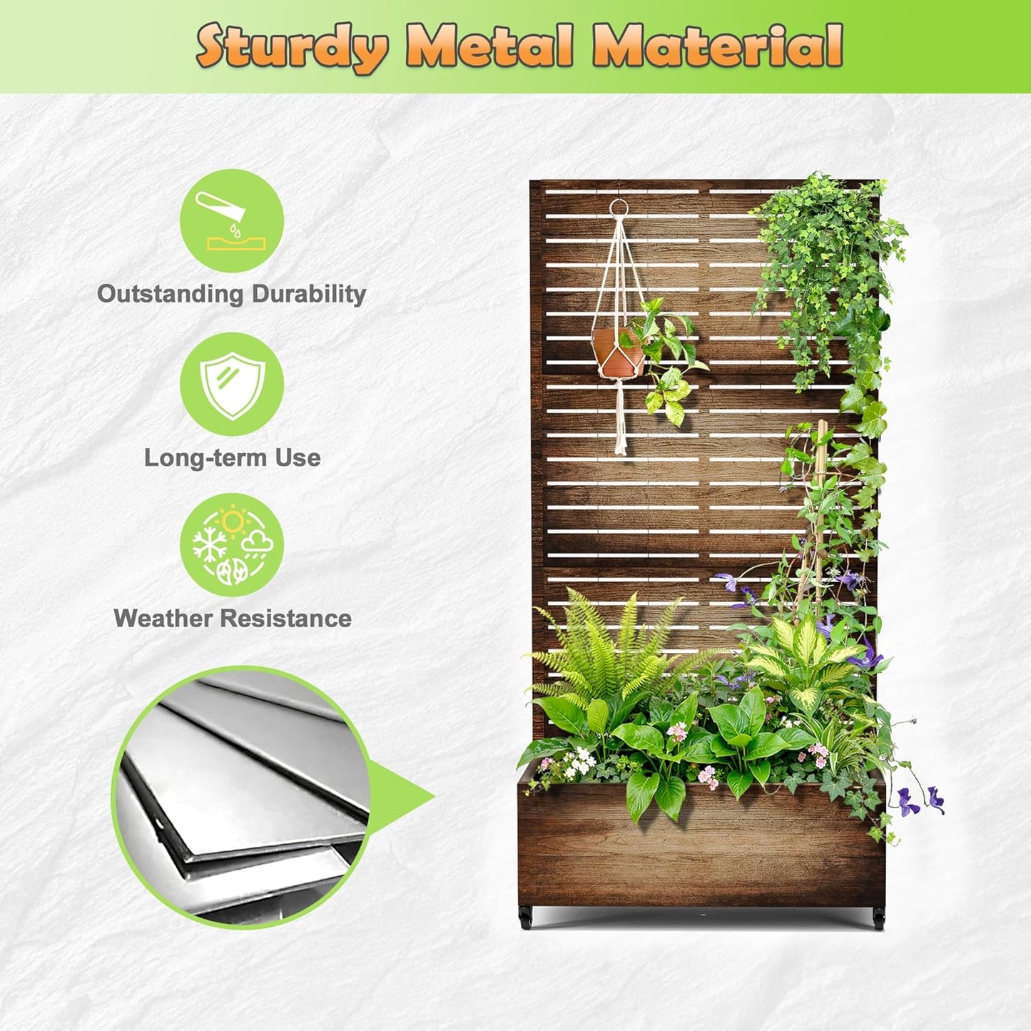 Metal Raised Garden Bed with Trellis, 2-in-1 Planter Box & Privacy Screen for Climbing Plants, Outdoor Standing Flower Bed with Drainage Holes, 35.4" L x 15.7" W x 70.1" H, Vintage Wood Grain