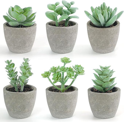 DomeStar 6PCS Small Fake Plants, Artificial Succulents Plants for Home Office Bathroom Kitchen Decor Green