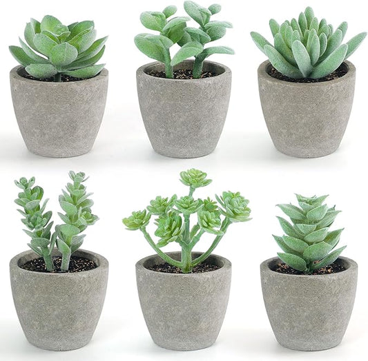 DomeStar 6PCS Small Fake Plants, Artificial Succulents Plants for Home Office Bathroom Kitchen Decor Green