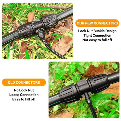 Drip Irrigation Fittings Kit for 1/2 Inch Tubing：1/2'' Drip Line Anti-drop Barbed Locked Nut Connectors 19 Pieces Set Include 3 Couplings 4 Tees 2 Elbows 2 Valves 5 Reducing Tee 3 Plugs