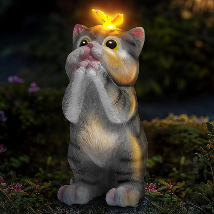 Solar Garden Decor Outdoor Statues Cat - Lawn Decor Statue for Patio, Balcony, Yard Ornament - Unique Gifts for Housewarming, Birthday, Christmas (Gray)