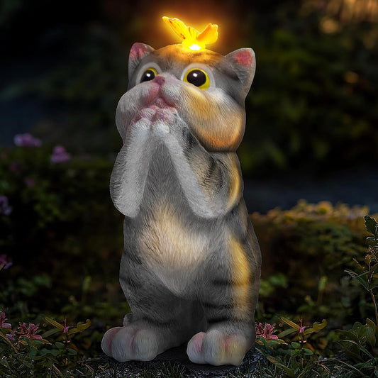 Solar Garden Decor Outdoor Statues Cat - Lawn Decor Statue for Patio, Balcony, Yard Ornament - Unique Gifts for Housewarming, Birthday, Christmas (Gray)