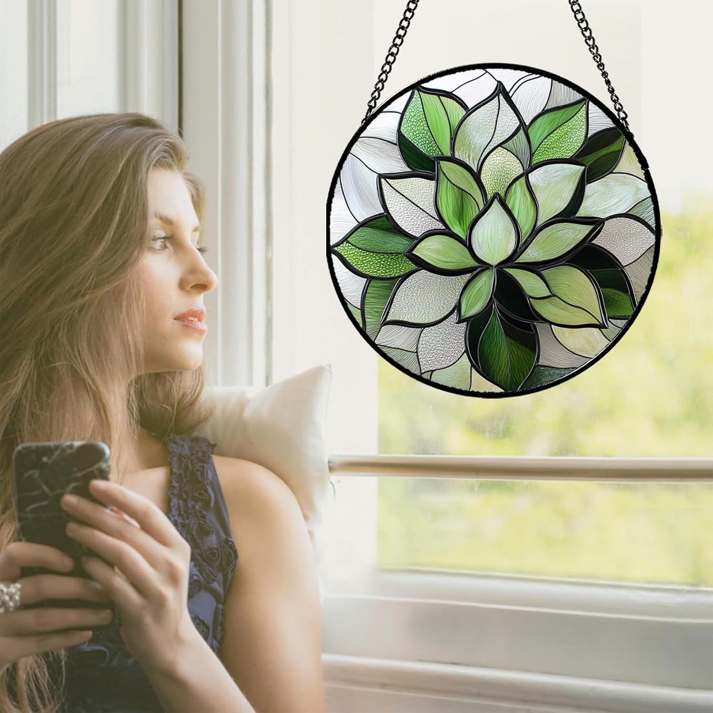 Stained Glass Window Hanging - Green Succulent Plants Suncatcher for Doors Garden Patio Floral Sun Catchers Decor Christmas Mother's Day Birthday Gifts for Women Men Mom Nana Friend 6.3 in