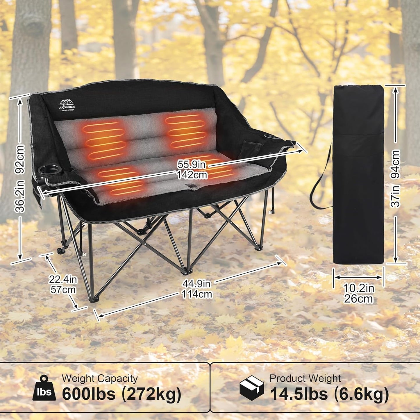 Heated Double Camping Chairs,3 Heat Levels Padded Portable Loveseat w/Wine Glass Holder,Cup Holder,Heating Outdoor Camp Couch Support 600 Lbs,Black,Battery NOT Included