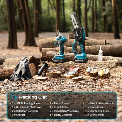 SEESII Mini Chainsaw & Pruning Shears: 6" Electric Saw Brushless & 1.3" Pruner with 2×2.0Ah Batteries, Cordless Combo for Wood Cutting/Branch Trimming, Gardening Tools for Dad Men Husband