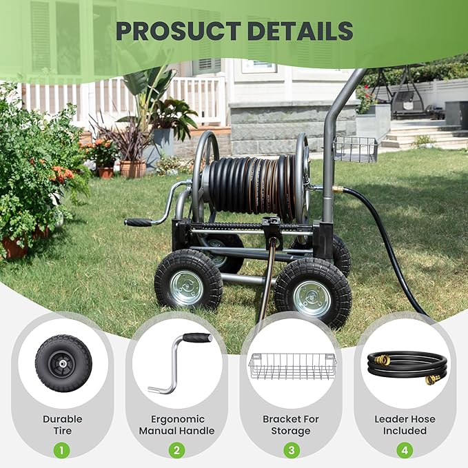 Giraffe Tools Hose Reel Cart with Wheels - Heavy Duty Industrial Hose Reel for Outside, 250-Feet of 5/8" Hose Capacity, Hose Guide Pre-Installed