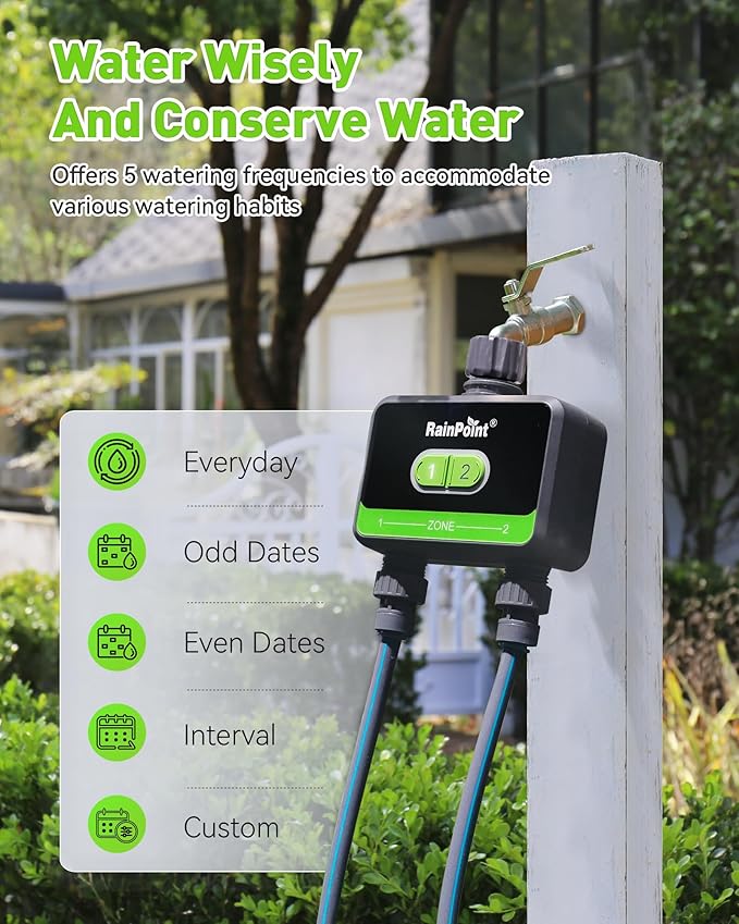 RainPoint WiFi Water Timer for Garden Hose, 2-Zone Smart Sprinkler Timer, WiFi Irrigation Controller, Automatic Watering System for Lawns and Yard