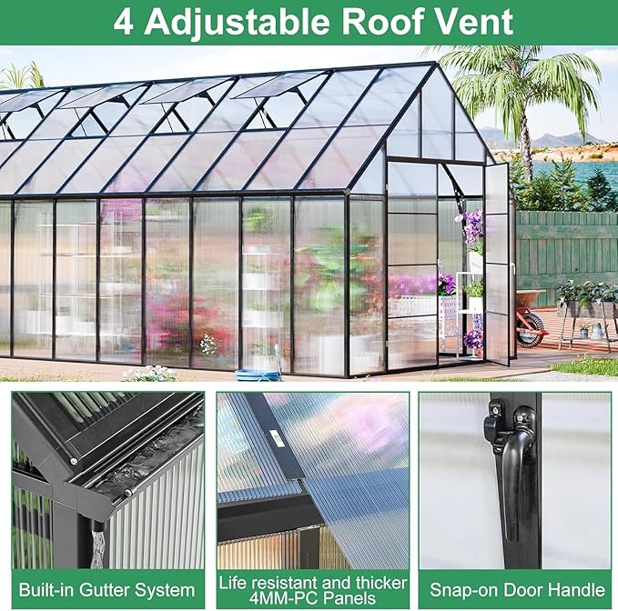 CDCASA 20x10x10 FT Greenhouse for Outdoors, Easy Assembly Large Thicker Aluminum Heavy Duty Polycarbonate Greenhouses Kit w/4 Vents, Swing Door, Outside Walk-in Green House for Sunroom Patio,Backyard