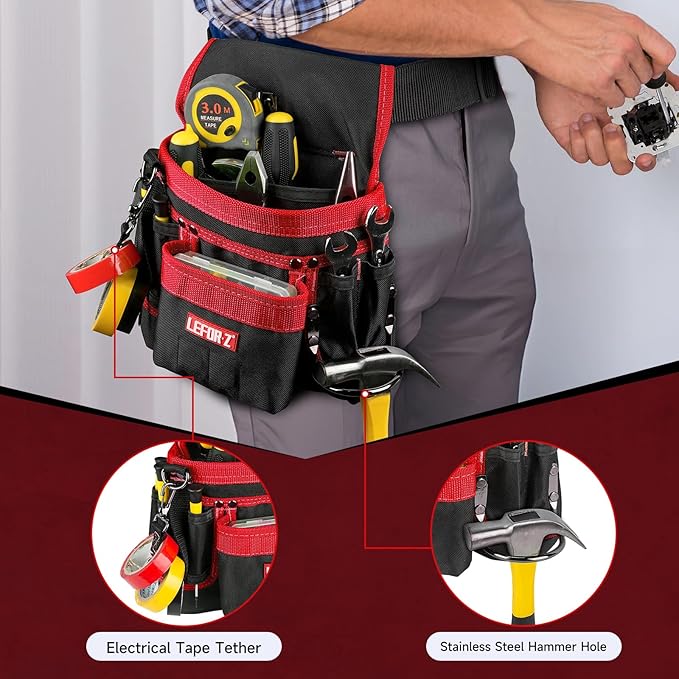 Tool Belt,Magnetic Tool Pouch,14-Pockets Tool Belts for Men,Detachable & Adjustable Tool Pouch Belt for Electrician,Carpenter,Construction,Work Apron,Utility Belt,Black-Red