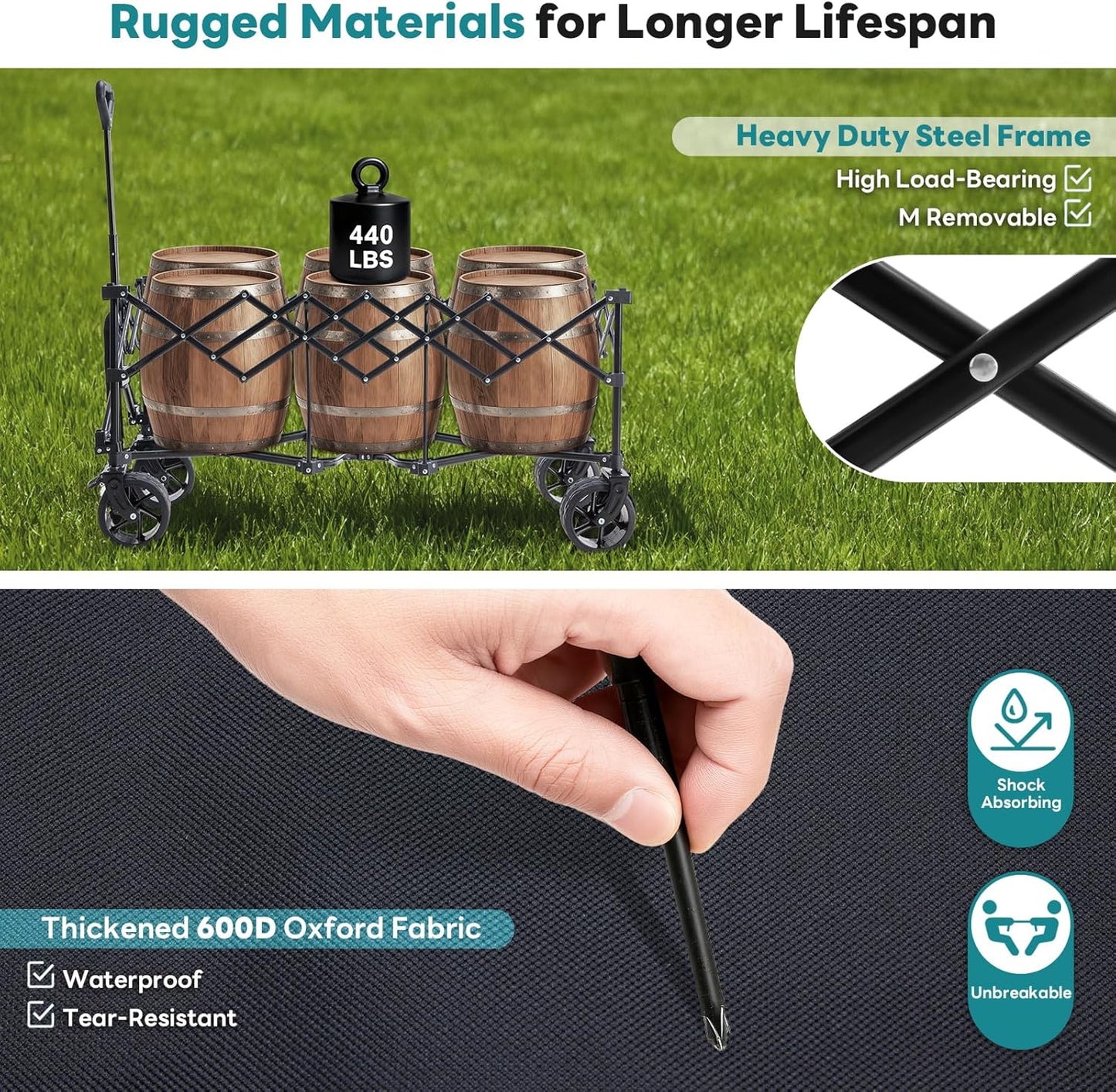 OLIXIS Collapsible Wagon Cart - 440lbs Foldable Extra Long Heavy Duty Utility Wagon with Wheels, Portable Storage Grocery Cart for Camping, Shopping, Sports, Beach, Garden (Black, 48" L)