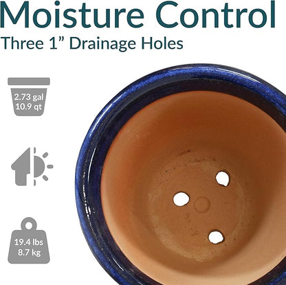 Sunnydaze Large Ceramic Plant Pot - Round Outdoor Glazed Ceramic Planter Pot with Drainage - Studio - Imperial Blue - 14.5"