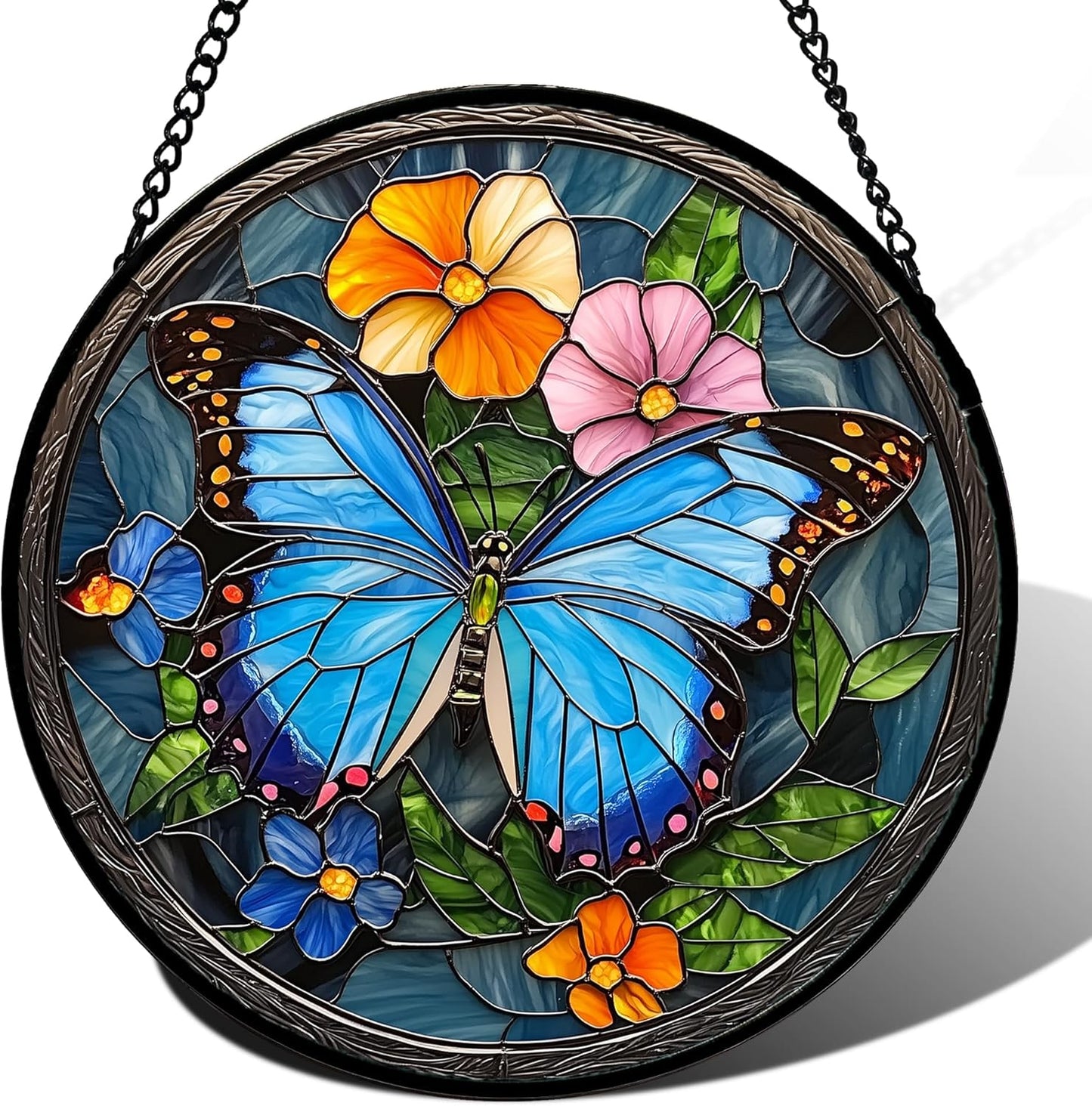 Stained Glass Window Hanging, Blue Butterfly Flower Suncatcher for Doors Home Sun Catchers Decoration and Christmas, Mother's Day Birthday Gifts for Women, Men, and Mom 9.8 in