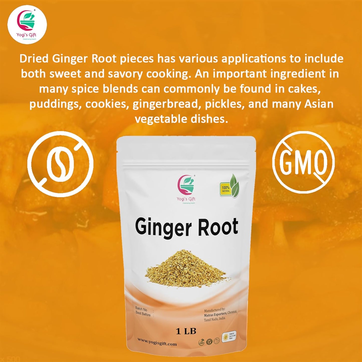 Dried Ginger Root 1 LB (16 Oz)| Cut and Sifted Dried Ginger Pieces | As Spicy as Fresh Ginger | Flavourful Indian Spice |100% Pure and Natural For Making Flavourful Tea | By Yogi's Gift®