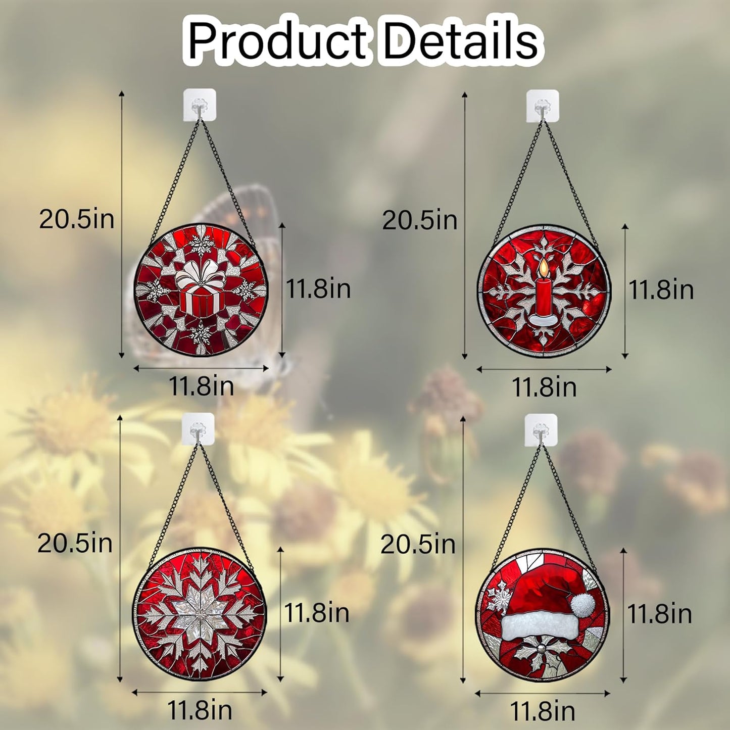 Stained Glass Window Hanging 4 Pcs Set Red Christmas Decorations Theme Large 11.8" - Suncatcher Door Garden Sun Catcher Decor Birthday for Mom Woman Nana Men Friend Wife