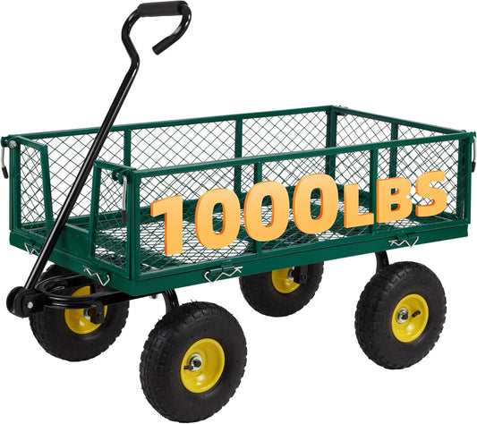 Finnhomy Heavy Duty 1000 Lbs Capacity Mesh Steel Garden Cart, Pullable Garden Wagons Carts on Wheels, Folding Utility Wagon with Removable Sides for Outdoor, Yard, Lawn, Green