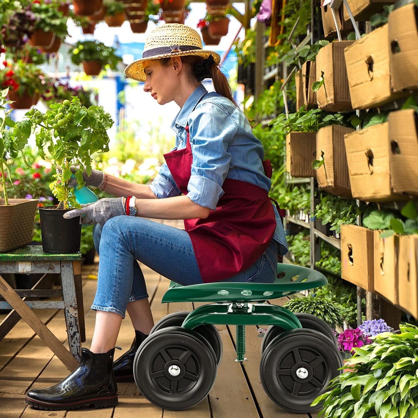 LDAILY Garden Seat with Wheels, Heavy-Duty Utility Stool Cart with Adjustable 11"-16" Height & 360° Rotatable, Rolling Garden Cart with Seat for Lawn Planting, Yard Work, Patio Gardening (Green)