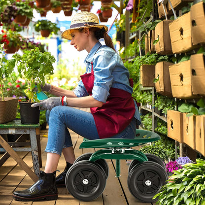 LDAILY Garden Seat with Wheels, Heavy-Duty Utility Stool Cart with Adjustable 11"-16" Height & 360° Rotatable, Rolling Garden Cart with Seat for Lawn Planting, Yard Work, Patio Gardening (Green)
