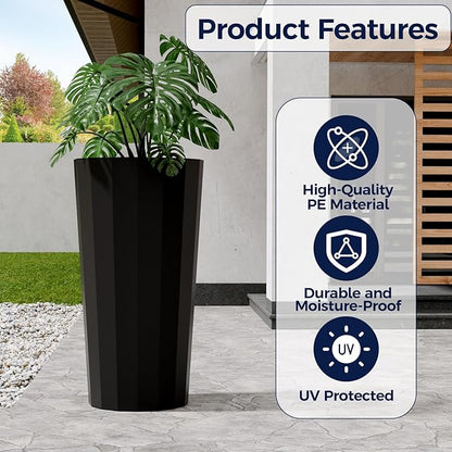 23.6" Tall Planters for Outdoor Plants, Large Outdoor Planters for Porch Decor with Drainage Hole, Wide Stripe Design Flower Pots Fits Indoor Plants Patio/Garden, Plastic Black (2 Pack)