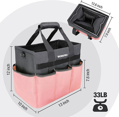 WORKPRO Garden Tool Bag, Heavy Duty Gardening Tote Bag Organizer with 10 Pockets and Long Adjustable Shoulder Strap, Standable Garden Home Tool Kits Organizer, Pink