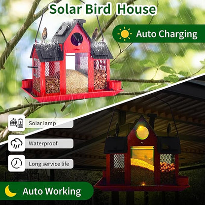 Solar Bird Feeders House for Outside Hanging, Metal Wild Bird Feeder for Outdoors, Large Cardinal Bird Feeder Birdhouses Squirrel Proof (Red)