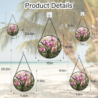 Stained Glass Window Hanging - Pink Phalaenopsis Orchid Green Leaves Sun Catcher for Door Home Decor Flower Suncatcher Christmas Mother's Day Birthday Gifts for Women Men Mom Nana 9.8 in
