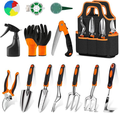 WNJ Garden Tool Set, 14PCS Complete Set of Heavy-Duty Stainless Steel Gardening Hand Tools with Stylish and Durable Tool Bag and Non-Slip Rubber Grips, Ideal Gardening Kit Gift for Women and Men