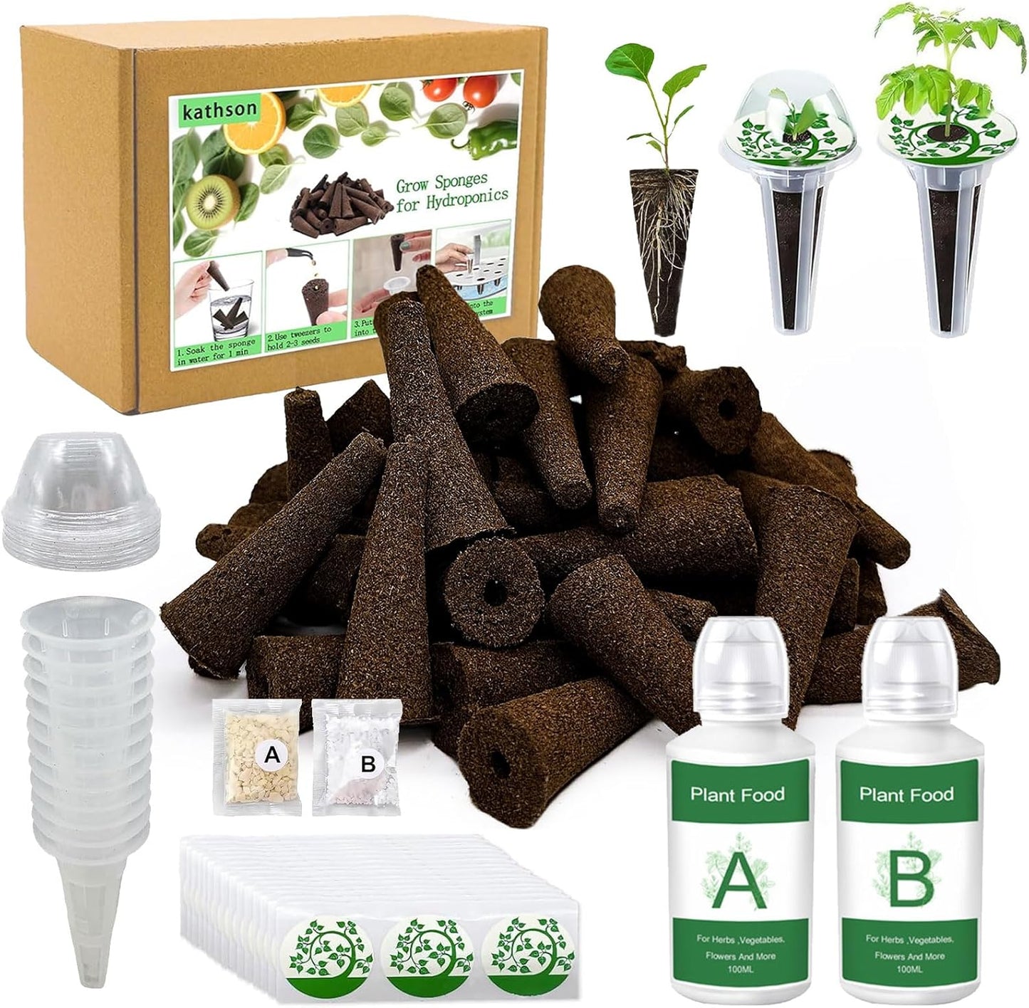 kathson 127PCS Hydroponic Pods Kit,Hydroponics Growing Sponges -Replacement Garden Seed Starter Pod,Grow Anything Kit with 50 Grow Sponges,50 Pod Labels,12 Baskets,12 Domes,2 A&B Plant Food,1 Tweezer