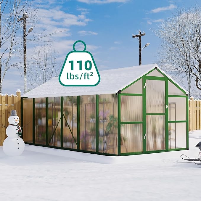8x12 ft Greenhouse, Large Aluminum Greenhouses for Outdoors, Heavy Duty Polycarbonate Greenhouse with Roof Vent, Walk-in Green Houses for Winter Garden, Backyard, Patio, Lawn, Easy Assembly