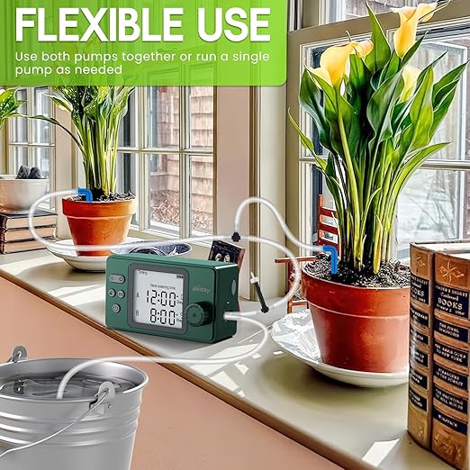 Automatic Watering System Dual Pump for Indoor Plants, Built-in Rechargeable Battery, Two Independent Water Zones, Worry-Free Vacation Drip Irrigation Kit, Water-Saving Smart Plant Waterer, Green