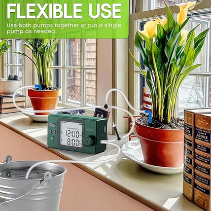 Automatic Watering System Dual Pump for Indoor Plants, Built-in Rechargeable Battery, Two Independent Water Zones, Worry-Free Vacation Drip Irrigation Kit, Water-Saving Smart Plant Waterer, Green